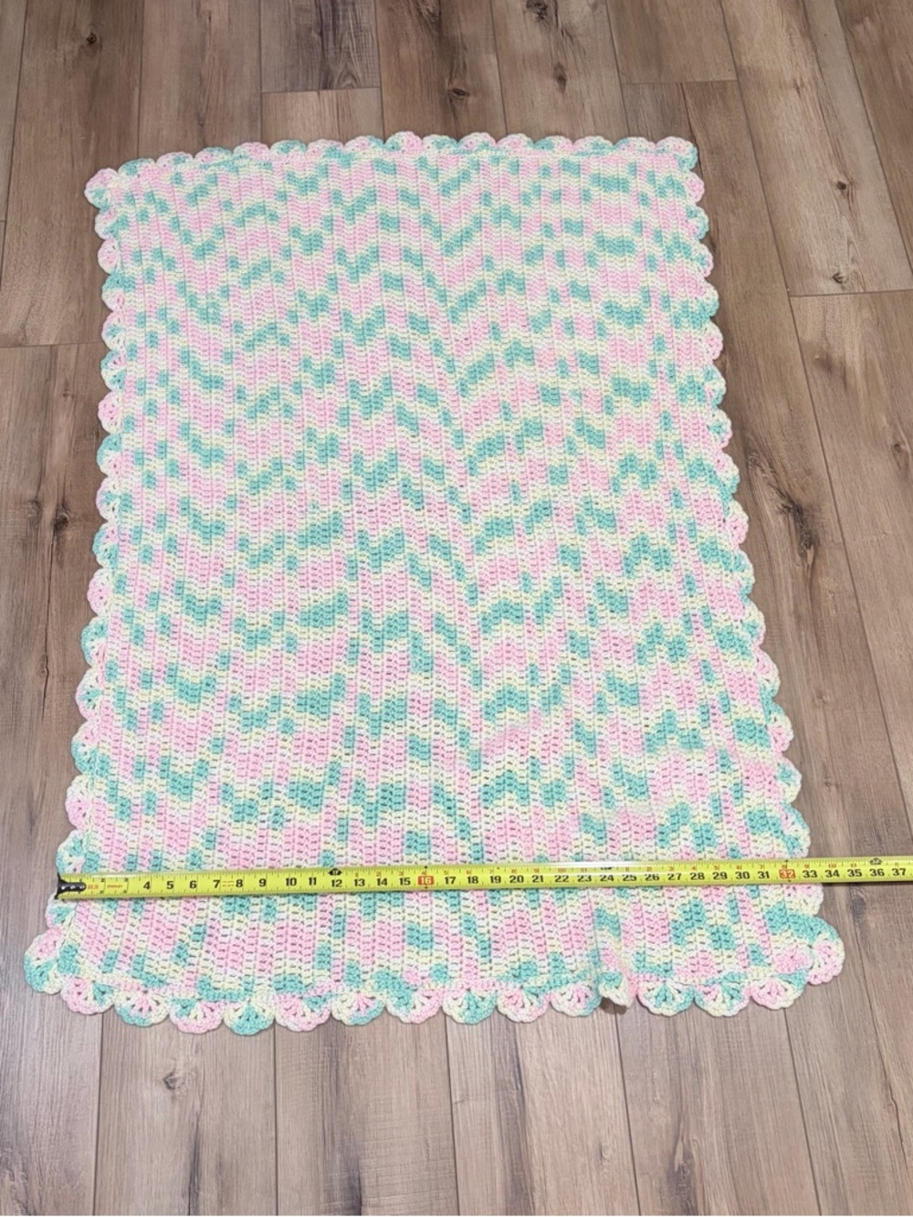 Vintage Crochet Baby Blanket Pastel Cottagecore Handmade Knit Throw Pink Yellow - Picture 6 of 6